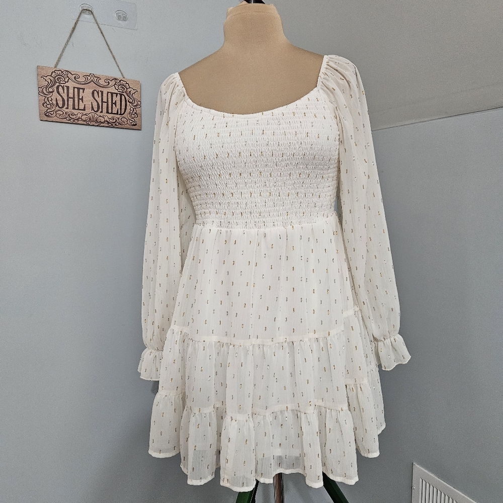 Altar’d State White Smocked Dress Gold Dot Tiered Size M Cottage Fairy Boho - Picture 2 of 14